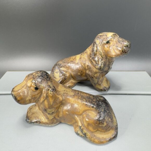 OMC Otagiri Stoneware Pottery Brown Speckled Dog Hound Dogs Set 2 Small Figure - Picture 7 of 9